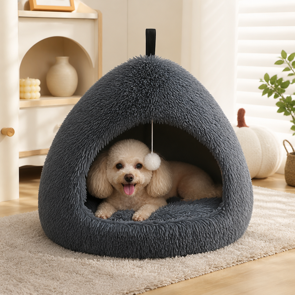 DogBedHouse Plush Warm Non-Slip Hooded Pet Bed