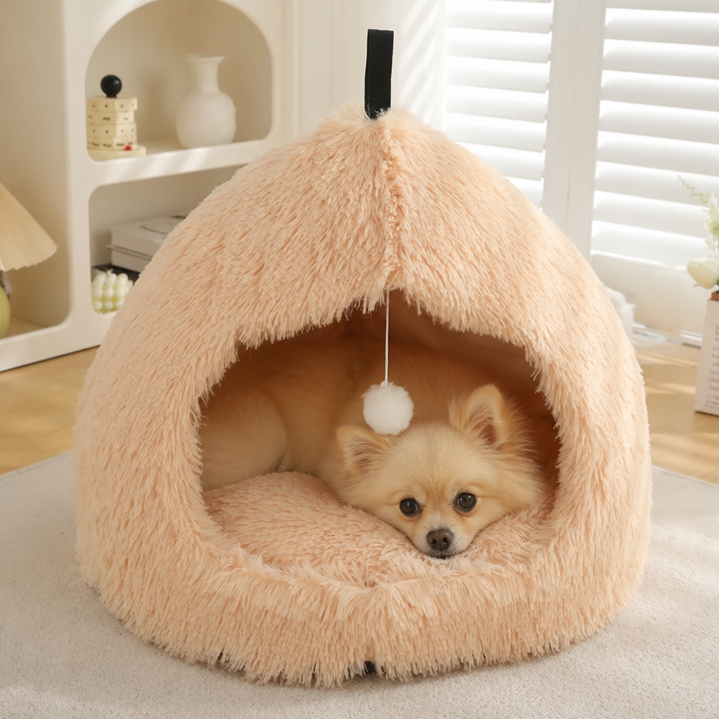 DogBedHouse Plush Warm Non-Slip Hooded Pet Bed