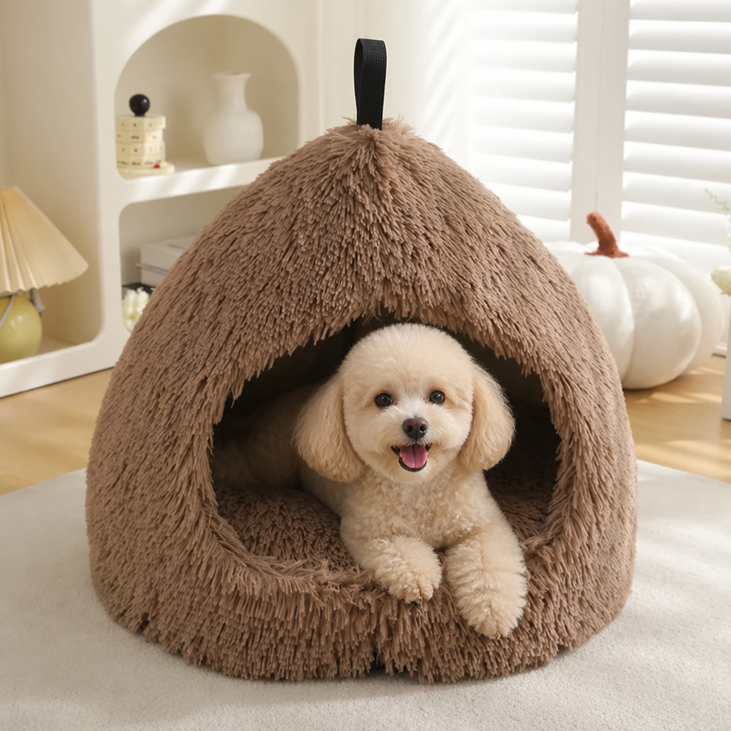 DogBedHouse Plush Warm Non-Slip Hooded Pet Bed