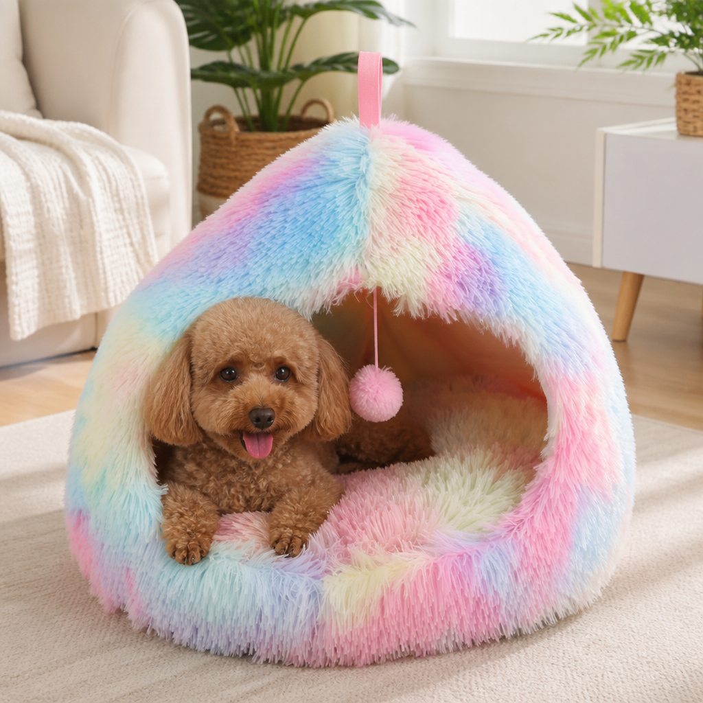 DogBedHouse Plush Warm Non-Slip Hooded Pet Bed
