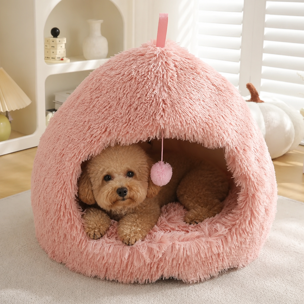 DogBedHouse Plush Warm Non-Slip Hooded Pet Bed