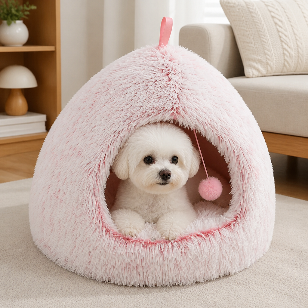 DogBedHouse Plush Warm Non-Slip Hooded Pet Bed