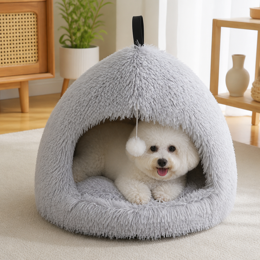 DogBedHouse Plush Warm Non-Slip Hooded Pet Bed