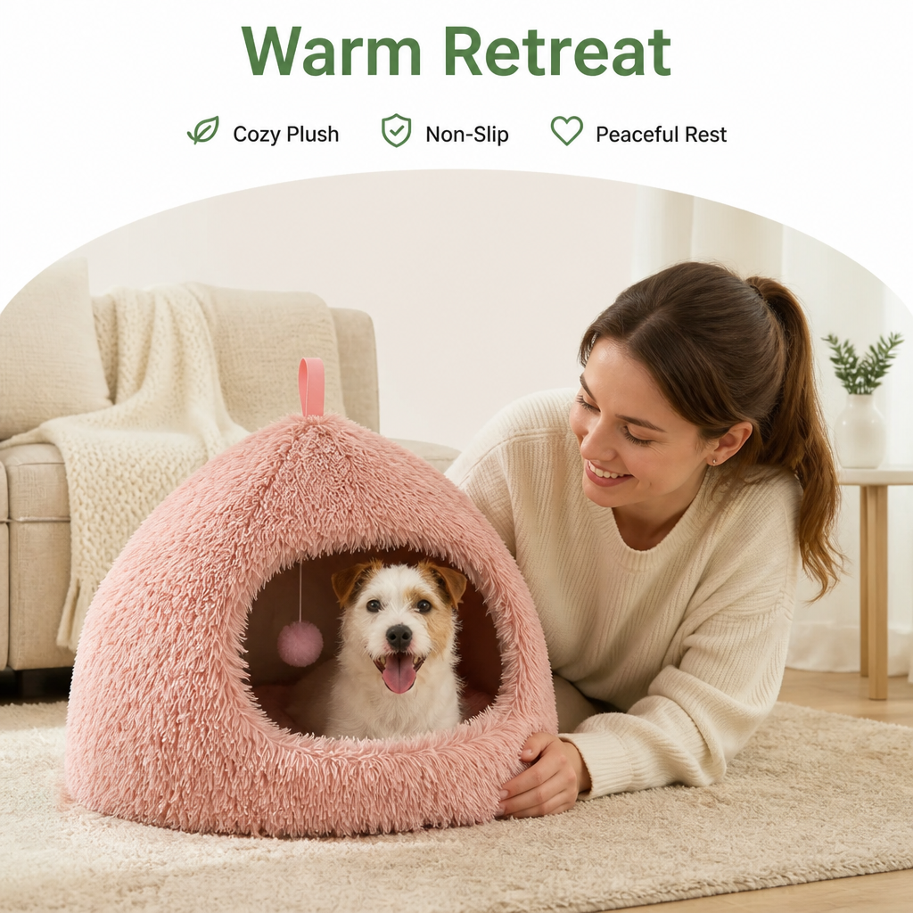 DogBedHouse Plush Warm Non-Slip Hooded Pet Bed