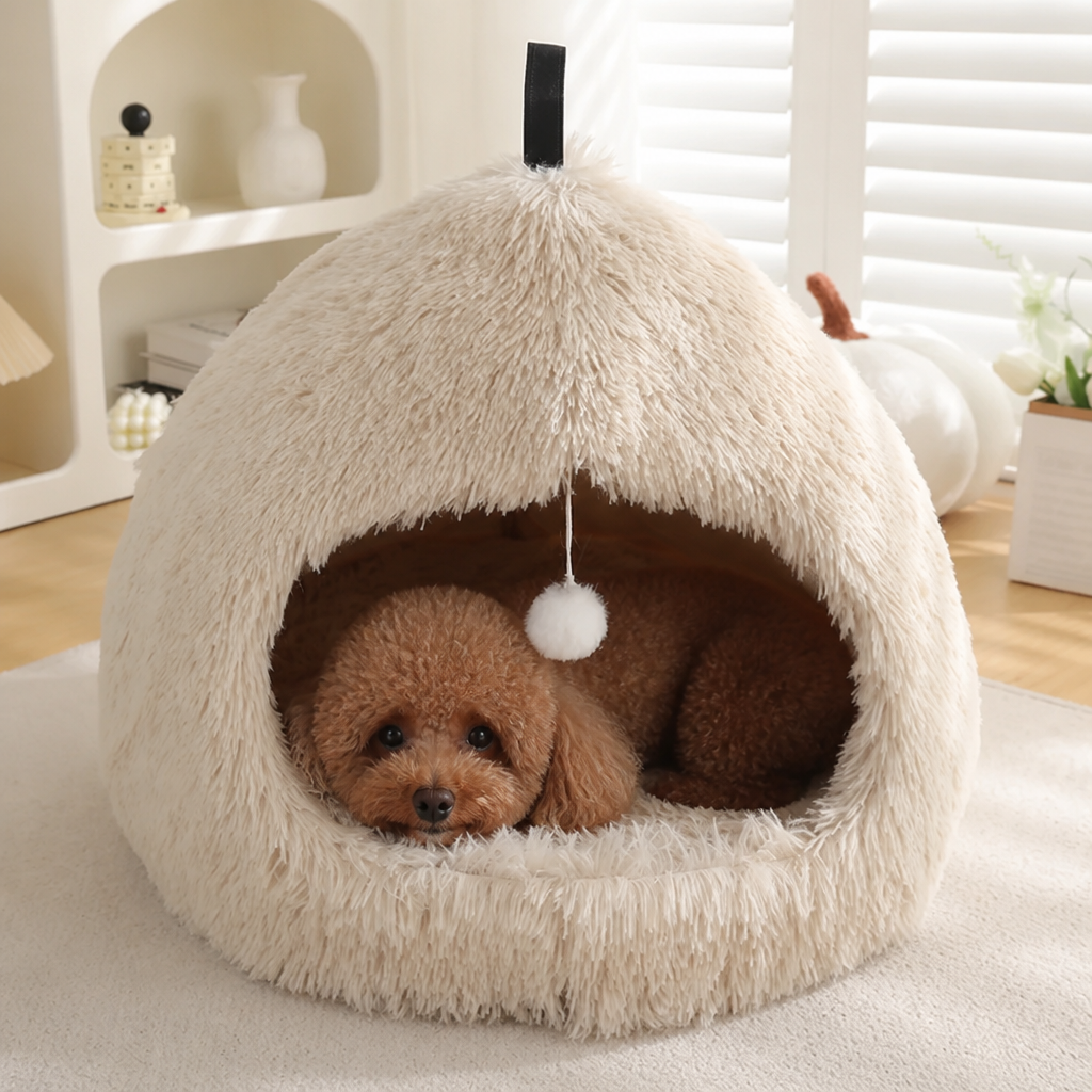 DogBedHouse Plush Warm Non-Slip Hooded Pet Bed