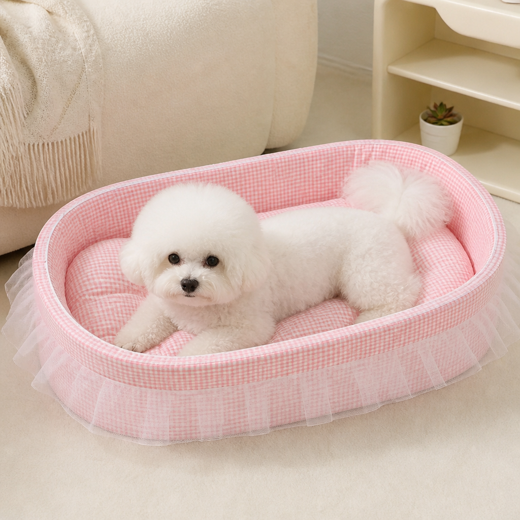 DogBedHouse Polyester Plush & Lace-Trimmed Pet Bed