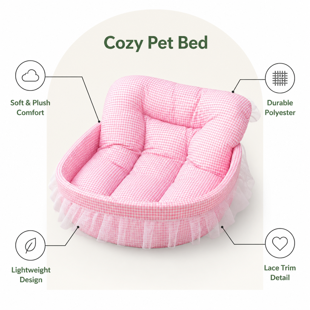 DogBedHouse Polyester Plush & Lace-Trimmed Pet Bed