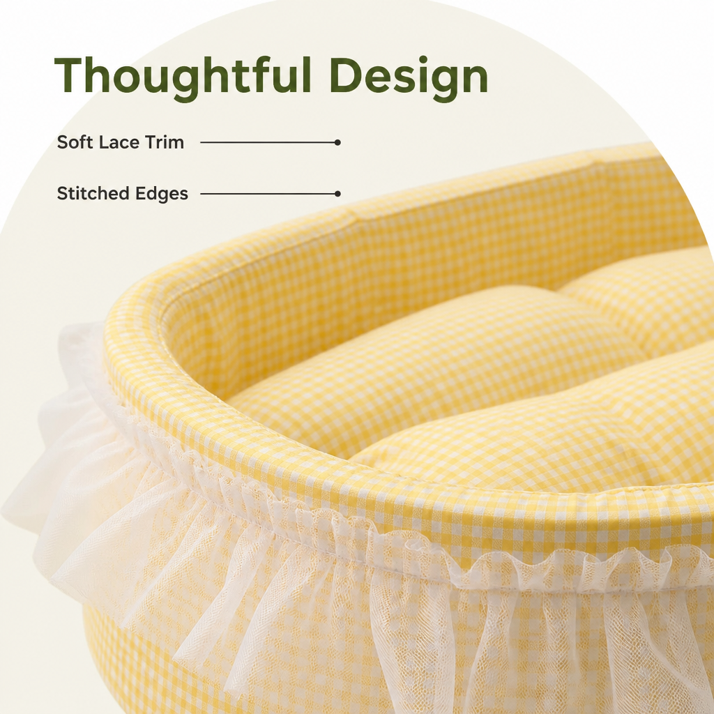 DogBedHouse Polyester Plush & Lace-Trimmed Pet Bed