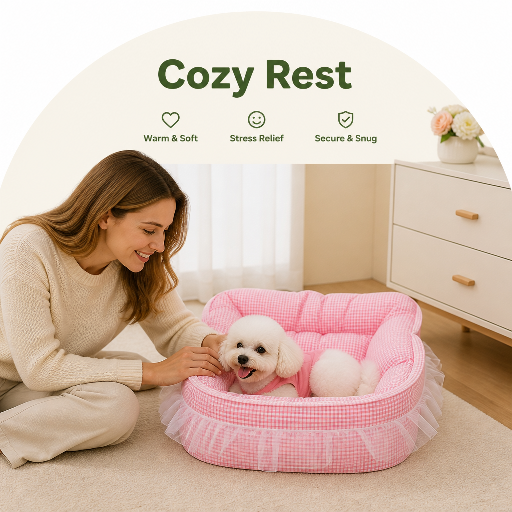 DogBedHouse Polyester Plush & Lace-Trimmed Pet Bed