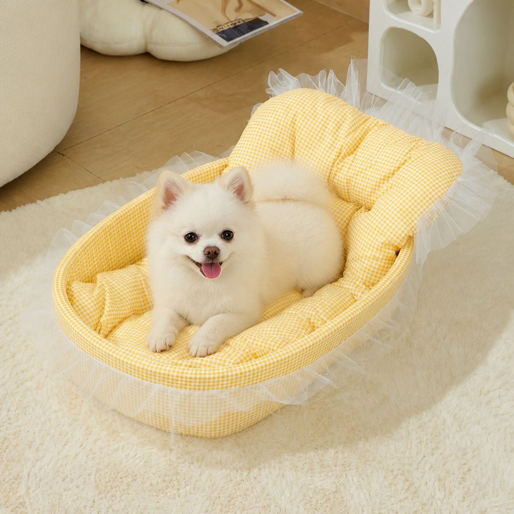 DogBedHouse Polyester Plush & Lace-Trimmed Pet Bed