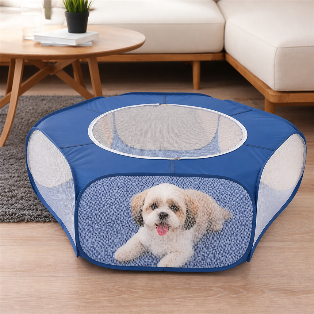 DogBedHouse Pop-Up & Foldable Transparent Mesh Pet Playpen (Water-Absorbing Liner)