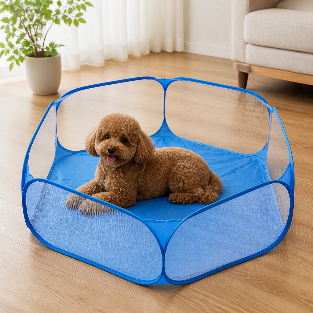 DogBedHouse Pop-Up & Foldable Transparent Mesh Pet Playpen (Water-Absorbing Liner)