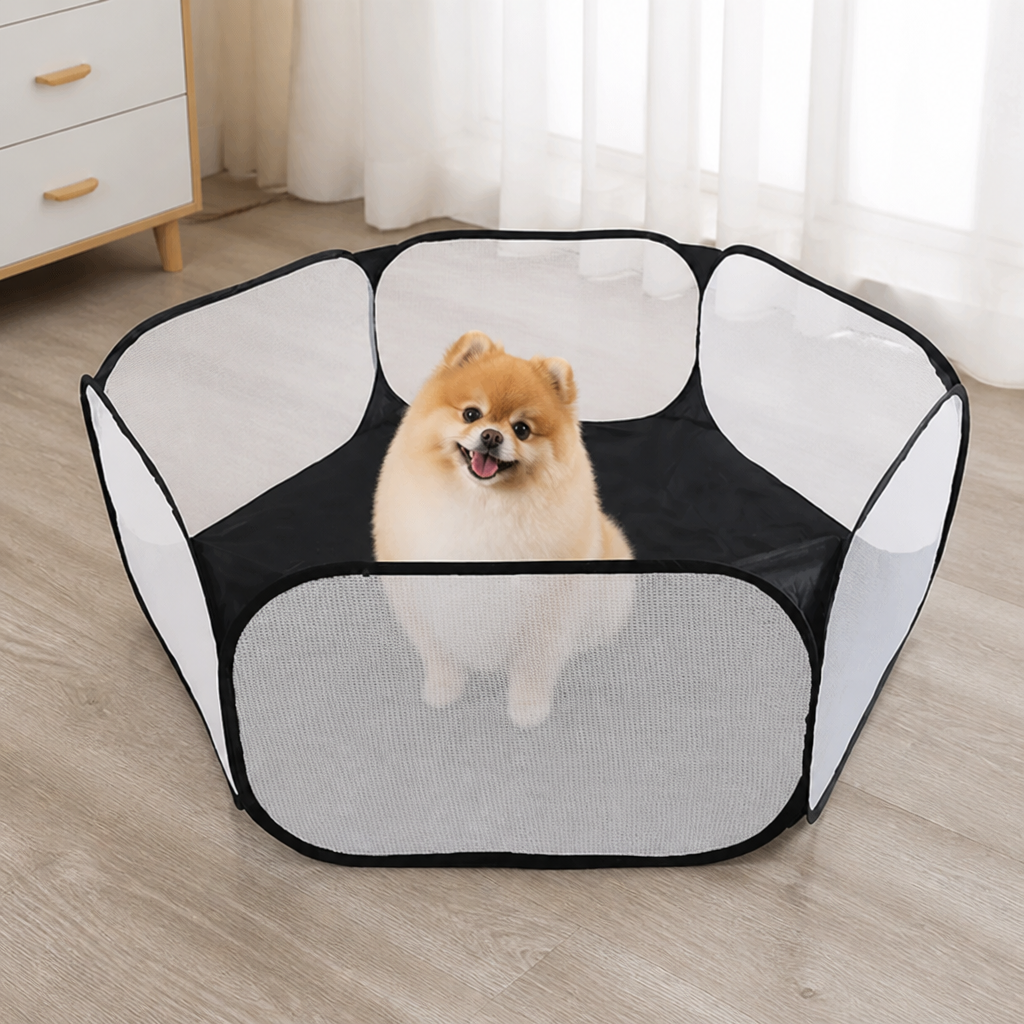 DogBedHouse Pop-Up & Foldable Transparent Mesh Pet Playpen (Water-Absorbing Liner)