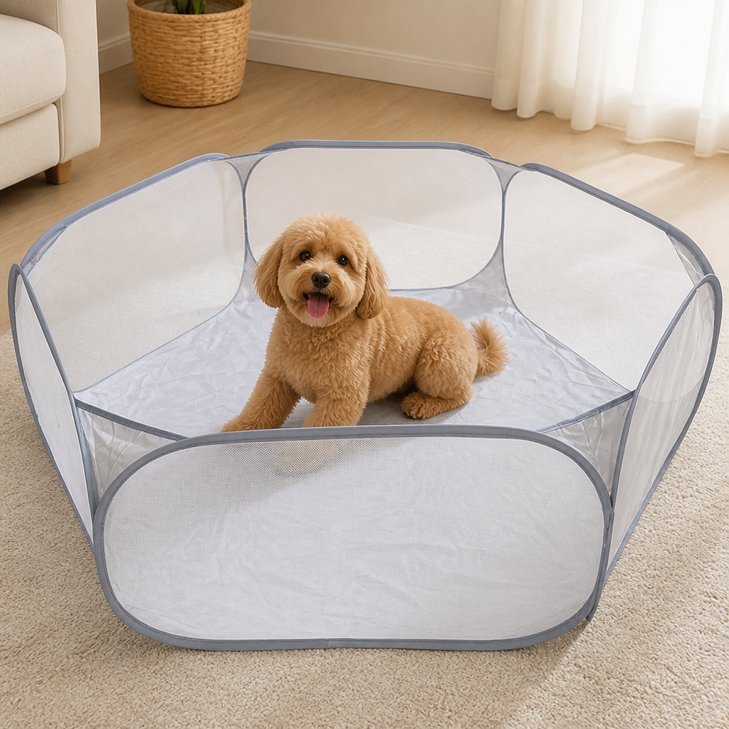 DogBedHouse Pop-Up & Foldable Transparent Mesh Pet Playpen (Water-Absorbing Liner)