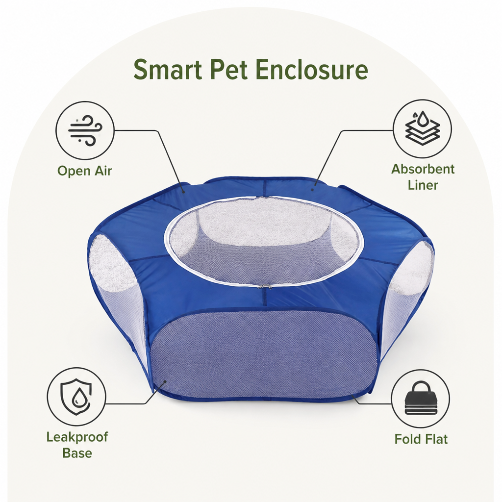 DogBedHouse Pop-Up & Foldable Transparent Mesh Pet Playpen (Water-Absorbing Liner)