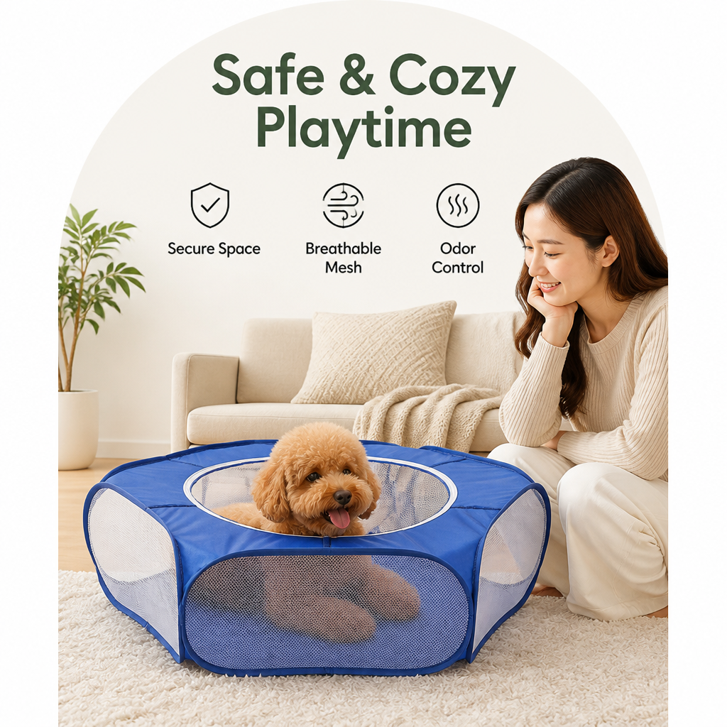 DogBedHouse Pop-Up & Foldable Transparent Mesh Pet Playpen (Water-Absorbing Liner)