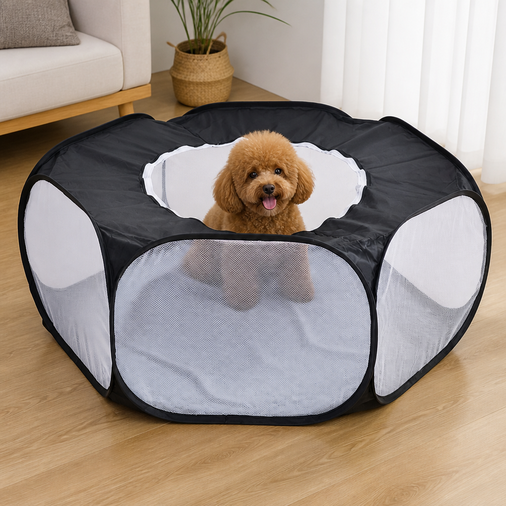 DogBedHouse Pop-Up & Foldable Transparent Mesh Pet Playpen (Water-Absorbing Liner)