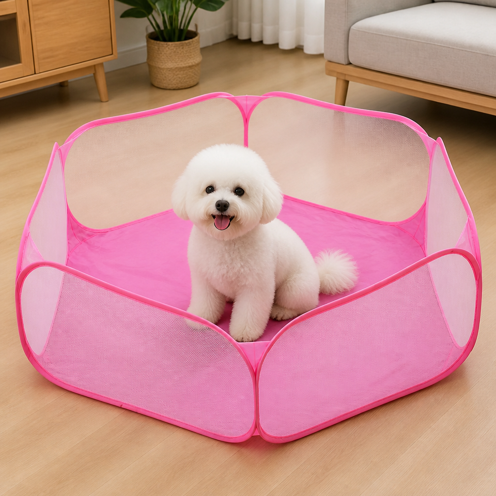 DogBedHouse Pop-Up & Foldable Transparent Mesh Pet Playpen (Water-Absorbing Liner)