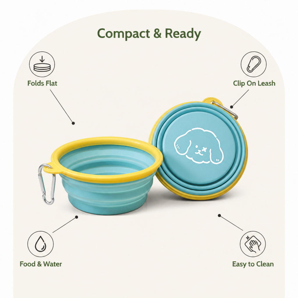 DogBedHouse Portable Collapsible Silicone Pet Bowl (Leash Clip)