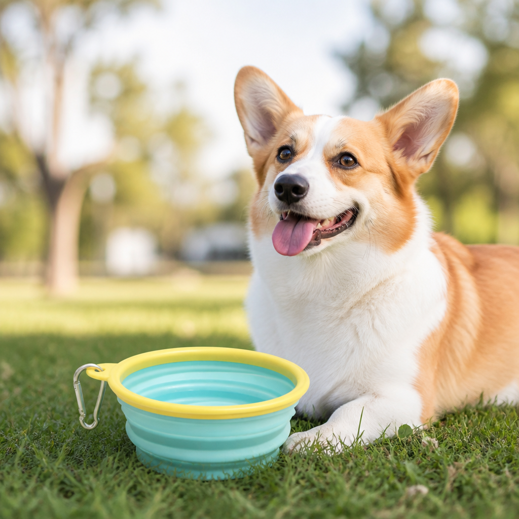 DogBedHouse Portable Collapsible Silicone Pet Bowl (Leash Clip)