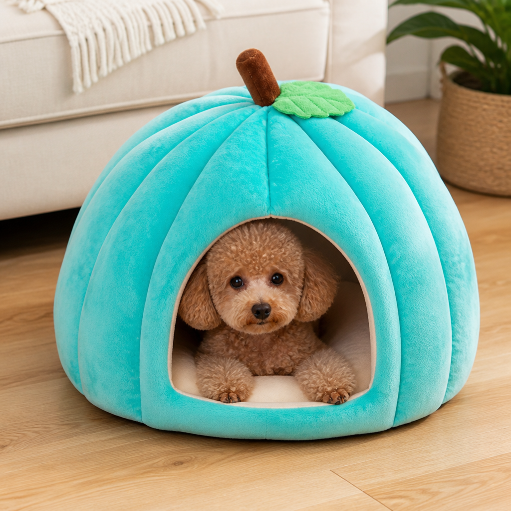 DogBedHouse Pumpkin-Shaped Plush PP Cotton & Non-Slip Pet House (Removable Cushion)
