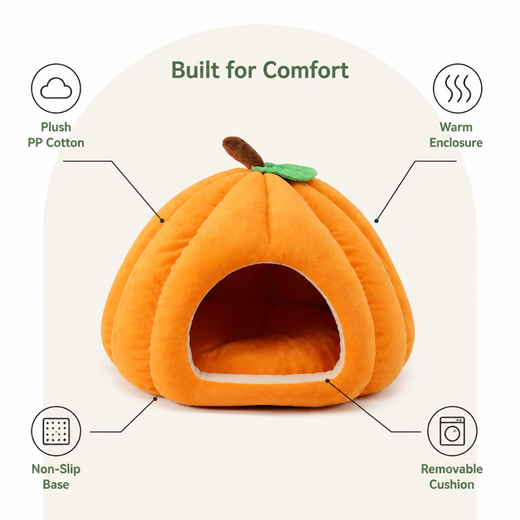 DogBedHouse Pumpkin-Shaped Plush PP Cotton & Non-Slip Pet House (Removable Cushion)