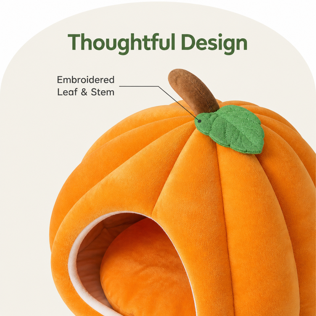 DogBedHouse Pumpkin-Shaped Plush PP Cotton & Non-Slip Pet House (Removable Cushion)
