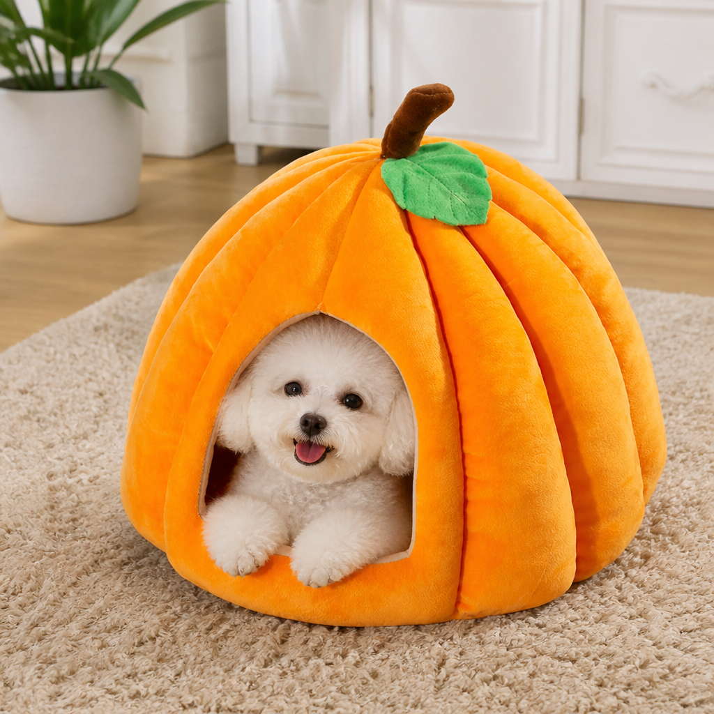DogBedHouse Pumpkin-Shaped Plush PP Cotton & Non-Slip Pet House (Removable Cushion)