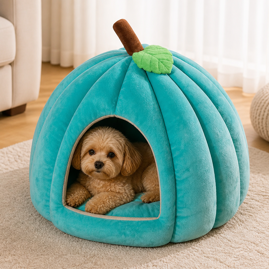 DogBedHouse Pumpkin-Shaped Plush PP Cotton & Non-Slip Pet House (Removable Cushion)