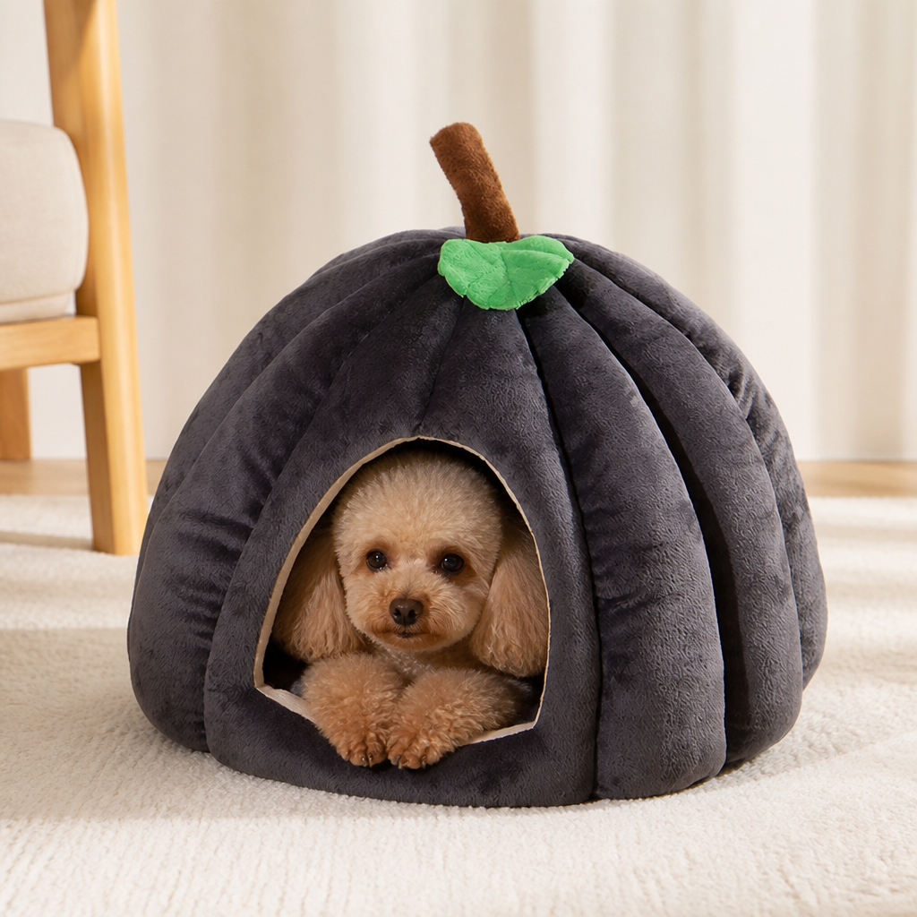 DogBedHouse Pumpkin-Shaped Plush PP Cotton & Non-Slip Pet House (Removable Cushion)