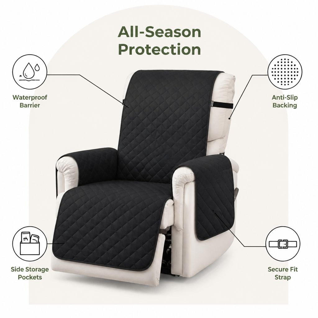 DogBedHouse Quilted Waterproof & Anti-Slip Recliner Cover (Side Pockets)