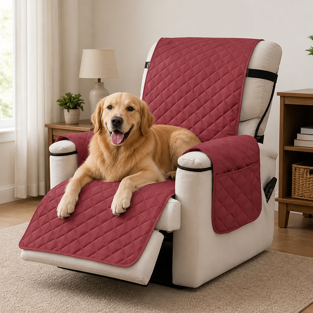 DogBedHouse Quilted Waterproof & Anti-Slip Recliner Cover (Side Pockets)