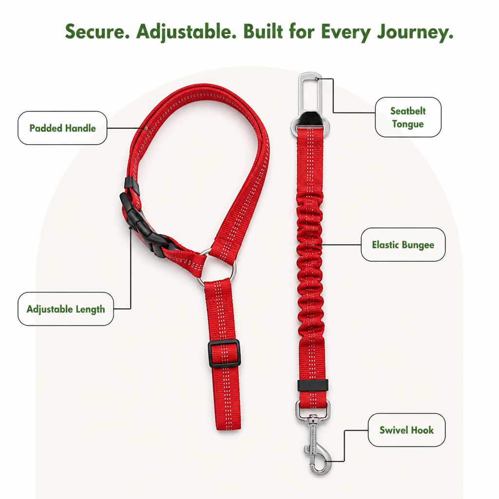 DogBedHouse Reflective & Adjustable Car Seat Leash (Quick-Release)