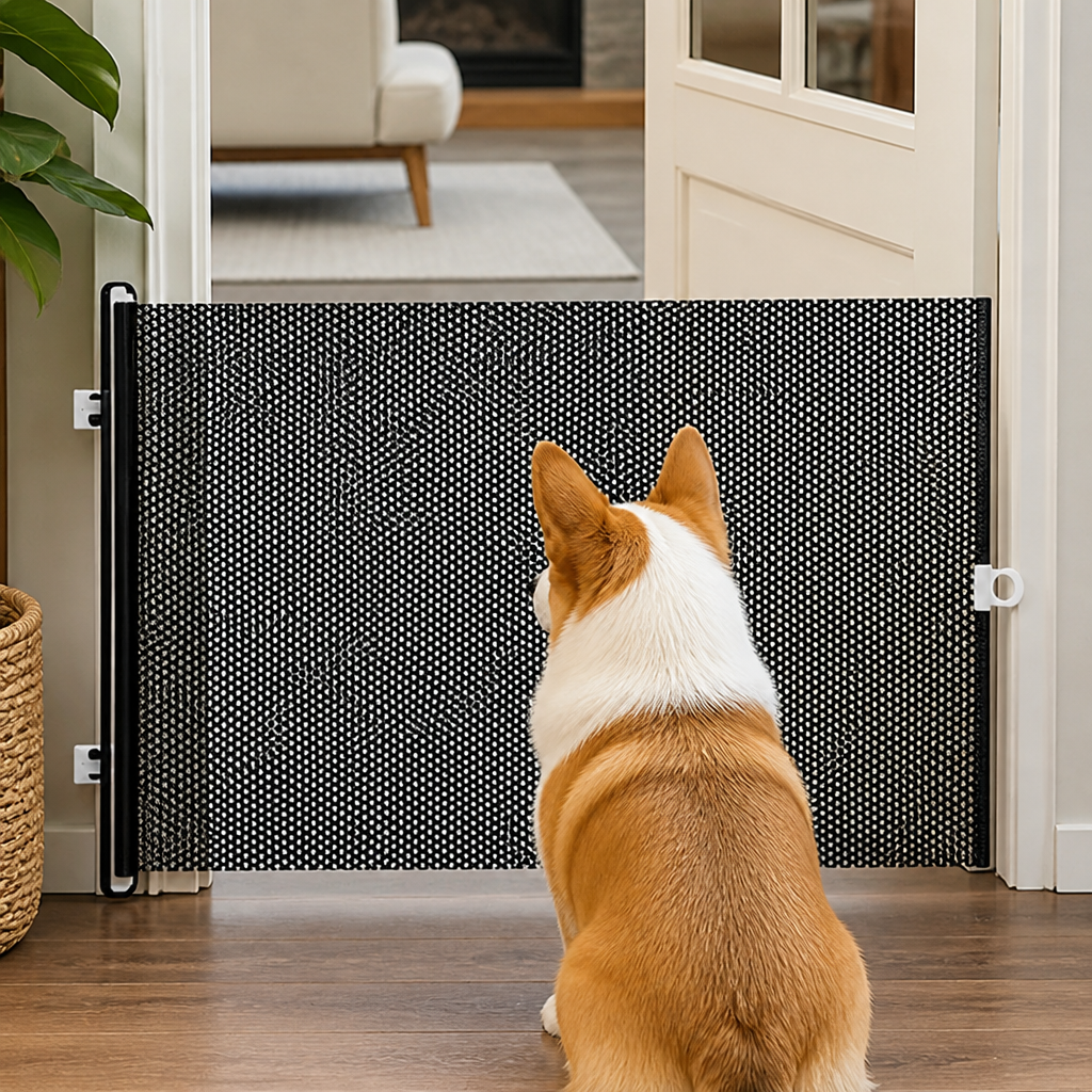DogBedHouse Retractable See-Through Mesh Pet Gate (Tool-Free)