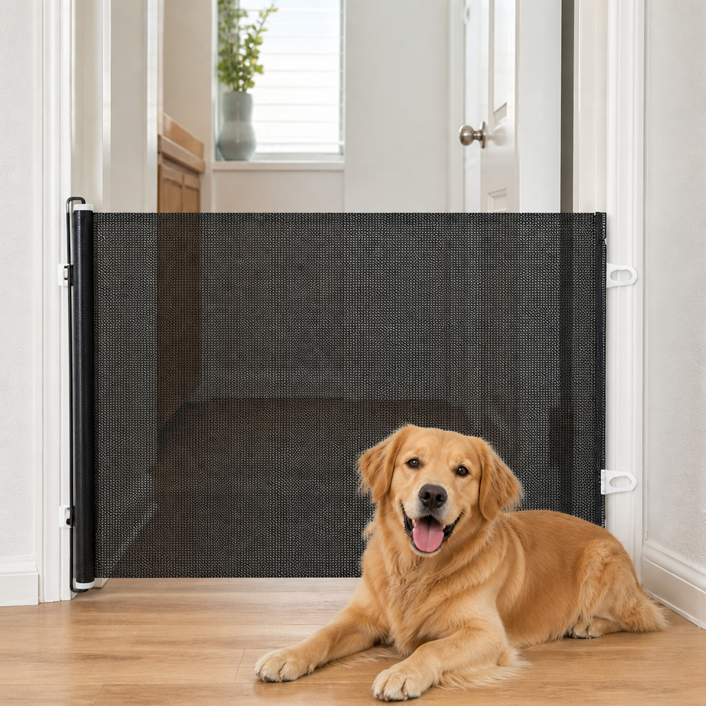 DogBedHouse Retractable See-Through Mesh Pet Gate (Tool-Free)