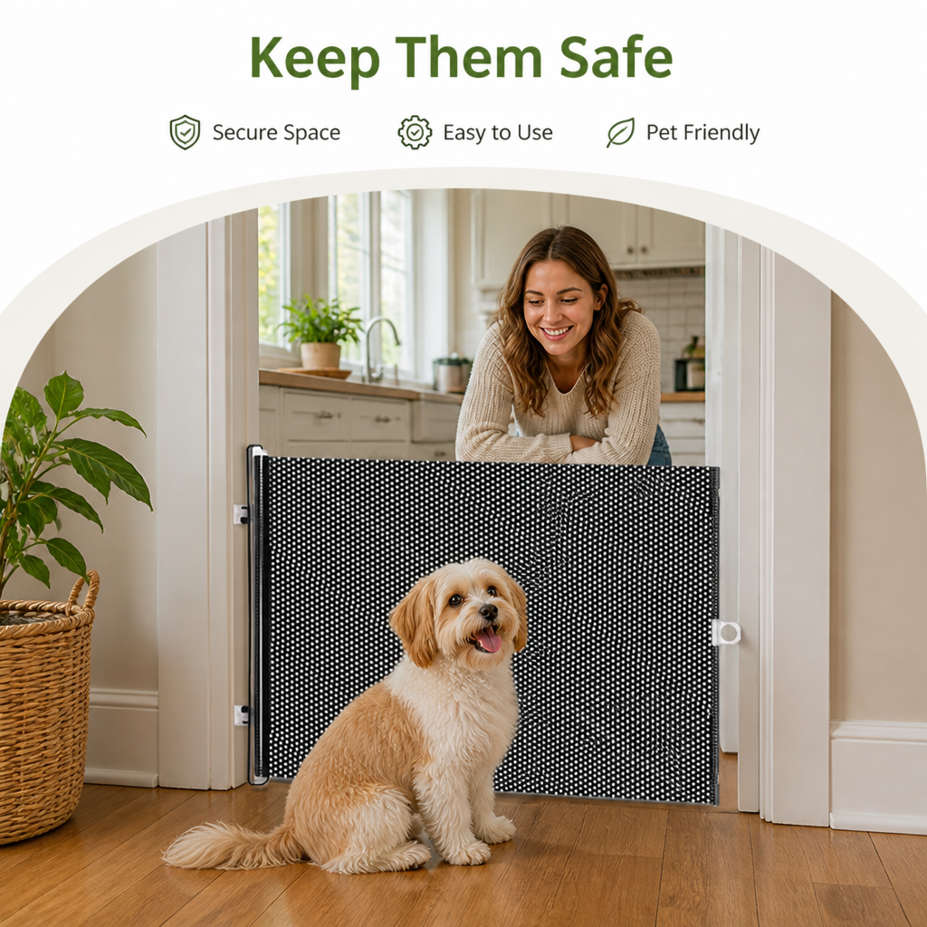 DogBedHouse Retractable See-Through Mesh Pet Gate (Tool-Free)