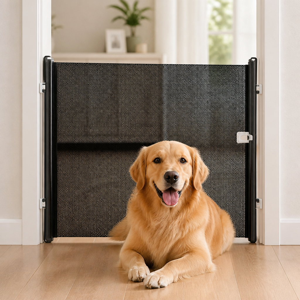 DogBedHouse Retractable See-Through Mesh Pet Gate (Tool-Free)