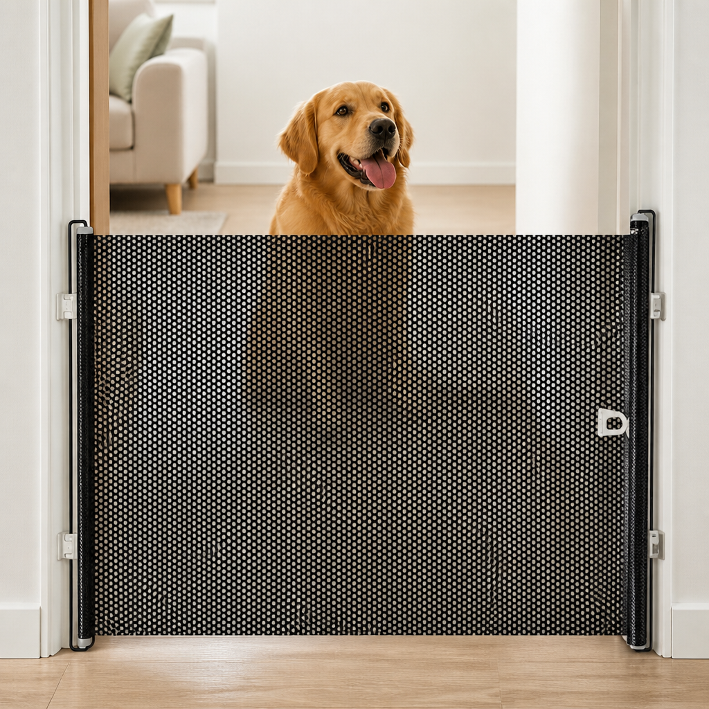 DogBedHouse Retractable See-Through Mesh Pet Gate (Tool-Free)
