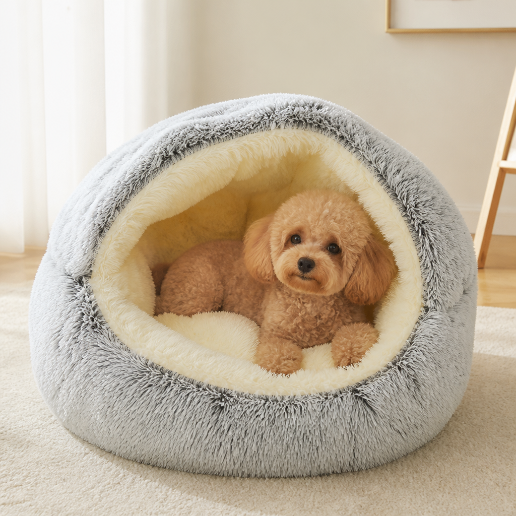 DogBedHouse Self-Heating Plush Semi-Enclosed Round Pet Bed (2-in-1 For Cats & Puppies)