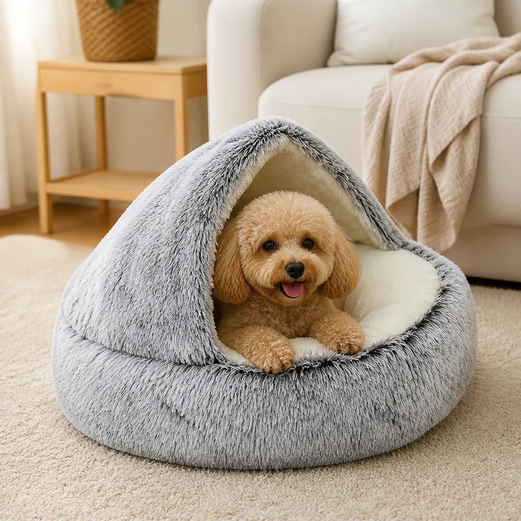 DogBedHouse Self-Heating Plush Semi-Enclosed Round Pet Bed (2-in-1 For Cats & Puppies)