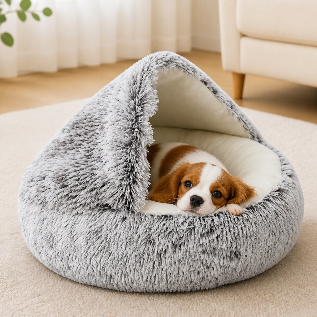 DogBedHouse Self-Heating Plush Semi-Enclosed Round Pet Bed (2-in-1 For Cats & Puppies)