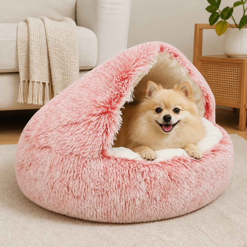 DogBedHouse Self-Heating Plush Semi-Enclosed Round Pet Bed (2-in-1 For Cats & Puppies)