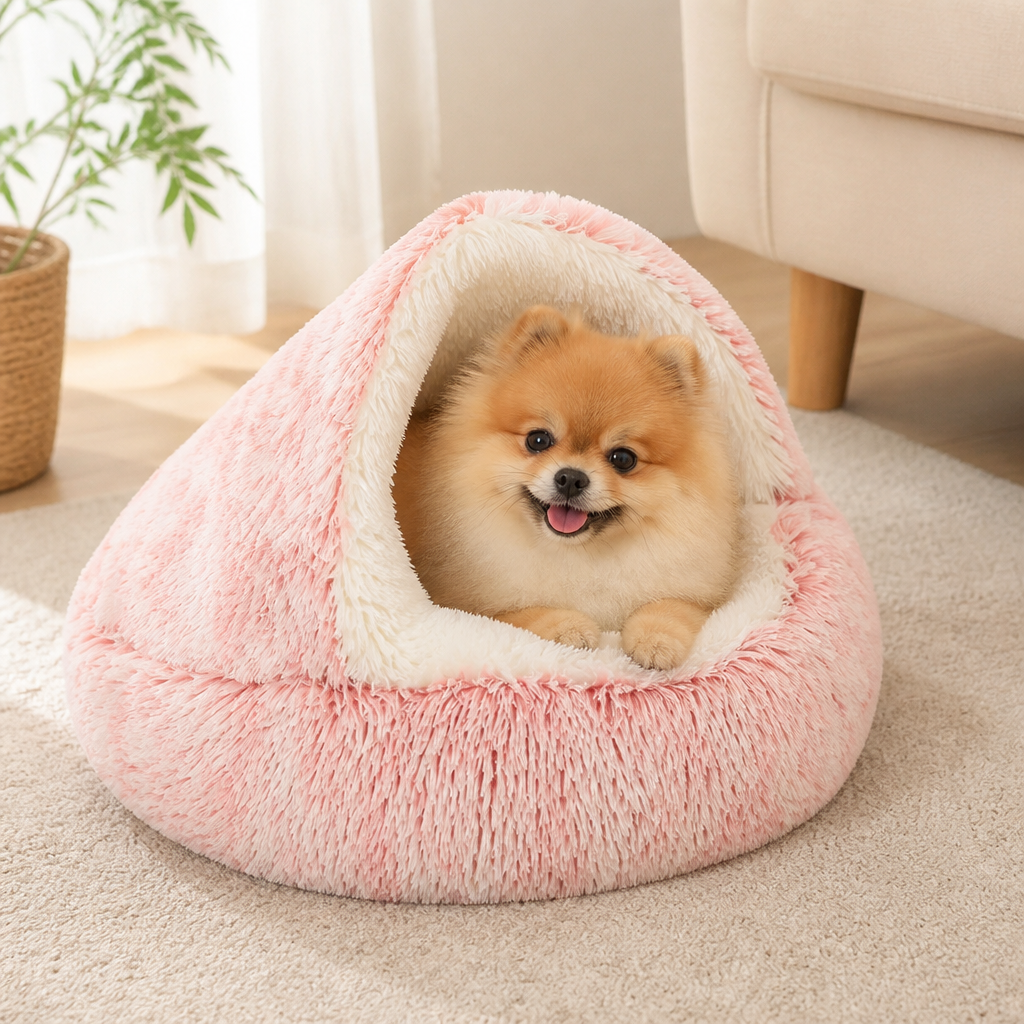DogBedHouse Self-Heating Plush Semi-Enclosed Round Pet Bed (2-in-1 For Cats & Puppies)