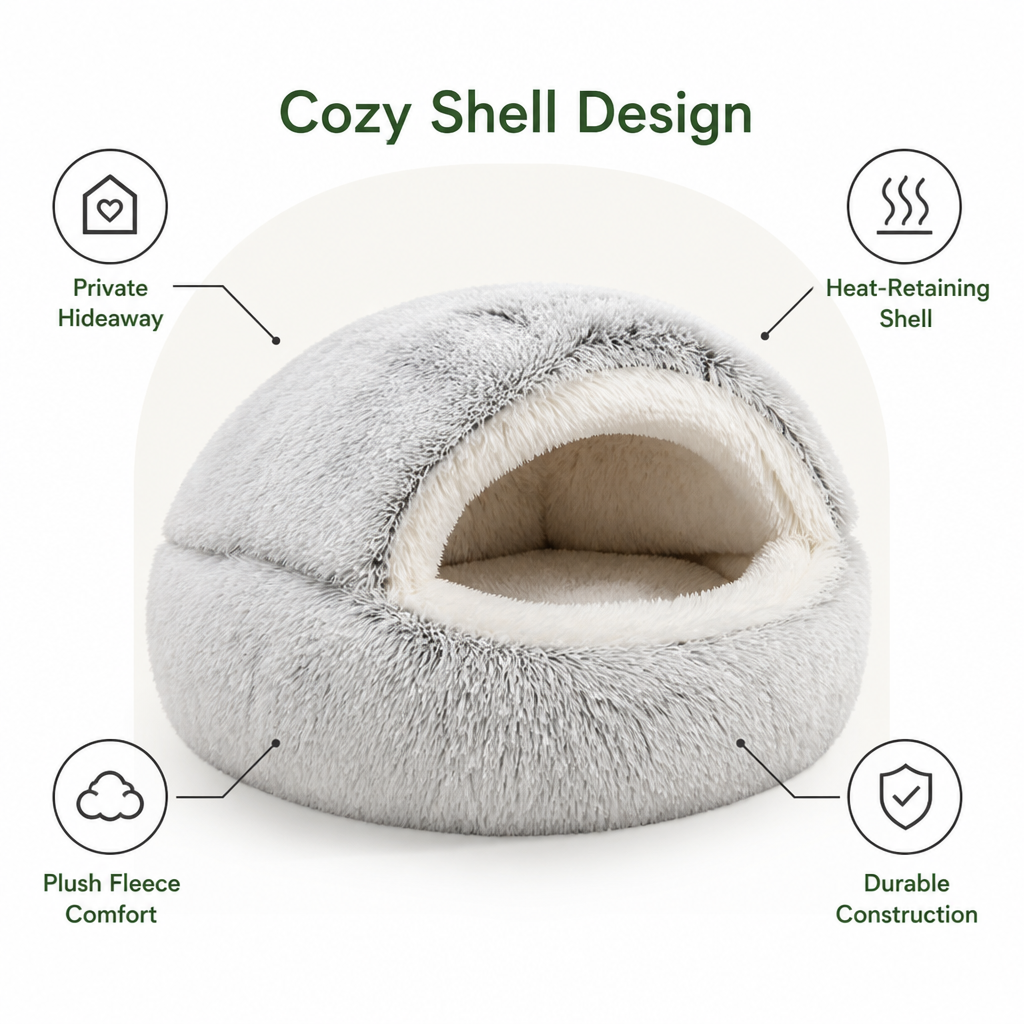 DogBedHouse Self-Heating Plush Semi-Enclosed Round Pet Bed (2-in-1 For Cats & Puppies)