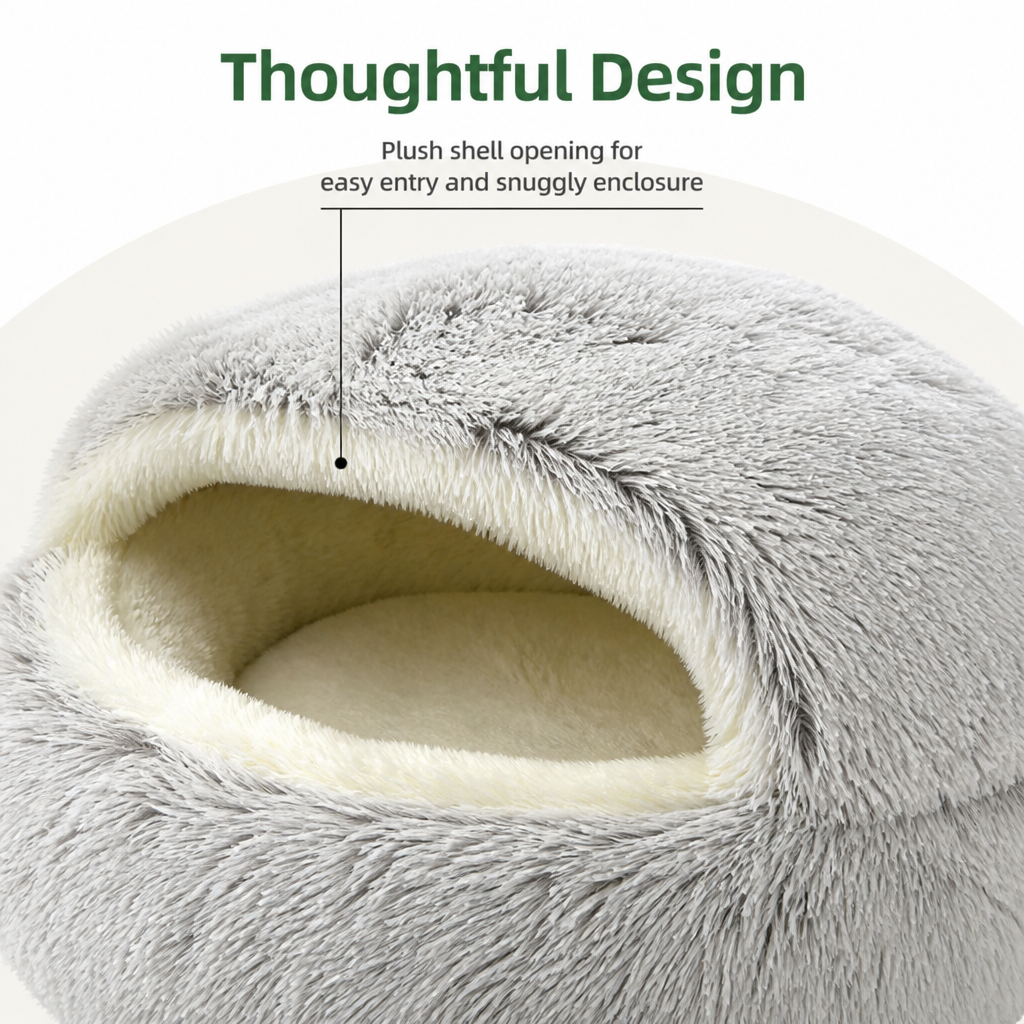 DogBedHouse Self-Heating Plush Semi-Enclosed Round Pet Bed (2-in-1 For Cats & Puppies)