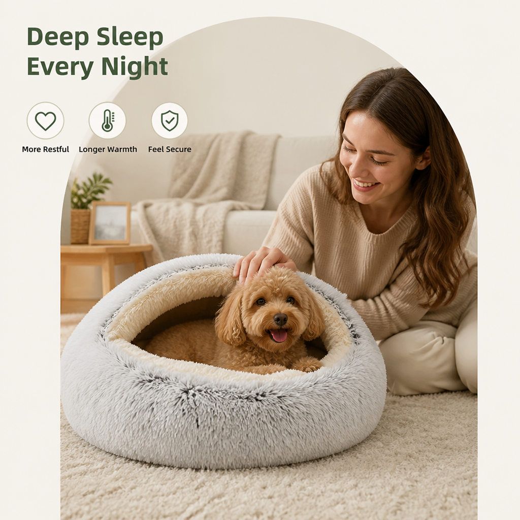 DogBedHouse Self-Heating Plush Semi-Enclosed Round Pet Bed (2-in-1 For Cats & Puppies)