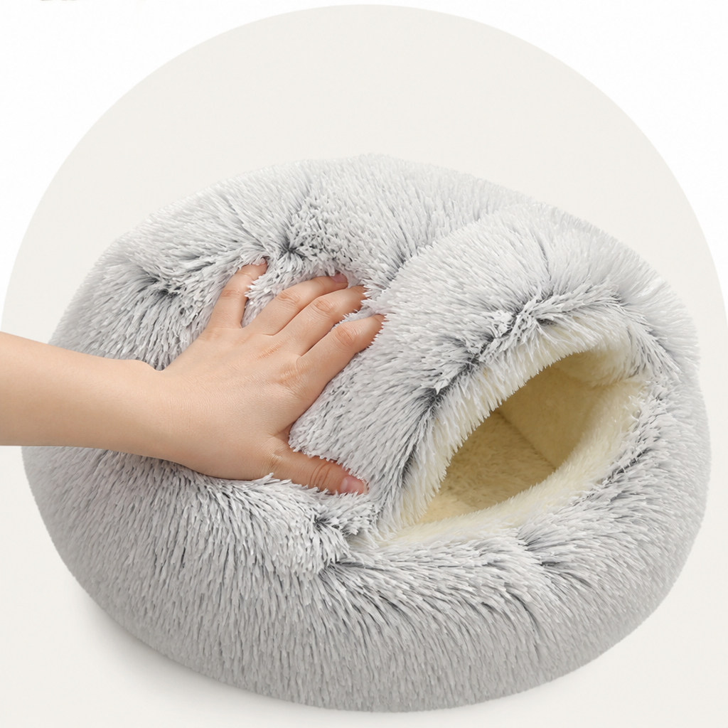 DogBedHouse Self-Heating Plush Semi-Enclosed Round Pet Bed (2-in-1 For Cats & Puppies)