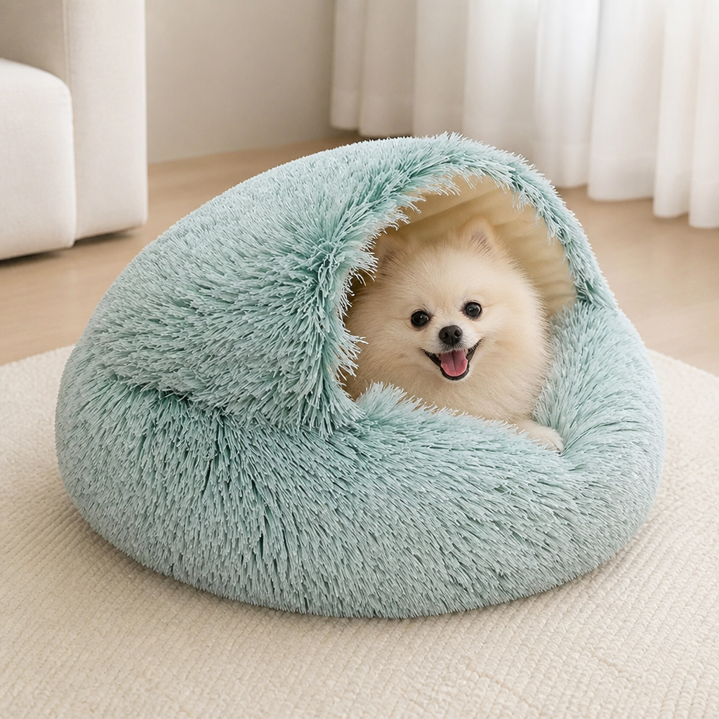 DogBedHouse Self-Heating Plush Semi-Enclosed Round Pet Bed (2-in-1 For Cats & Puppies)