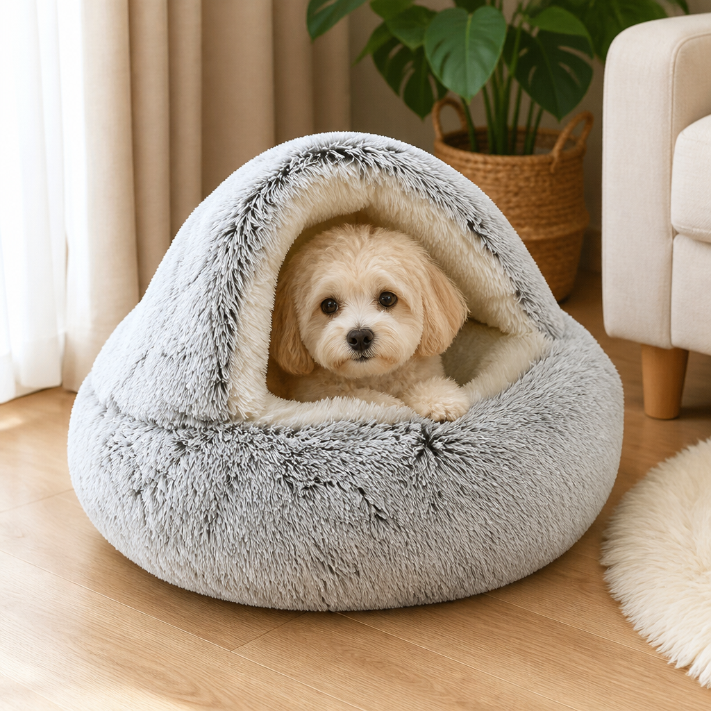 DogBedHouse Self-Heating Plush Semi-Enclosed Round Pet Bed (2-in-1 For Cats & Puppies)