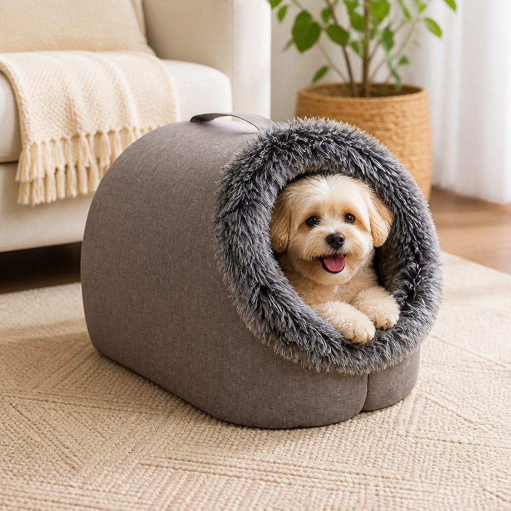DogBedHouse Self-Warming Coral Velvet Pet Cave Bed